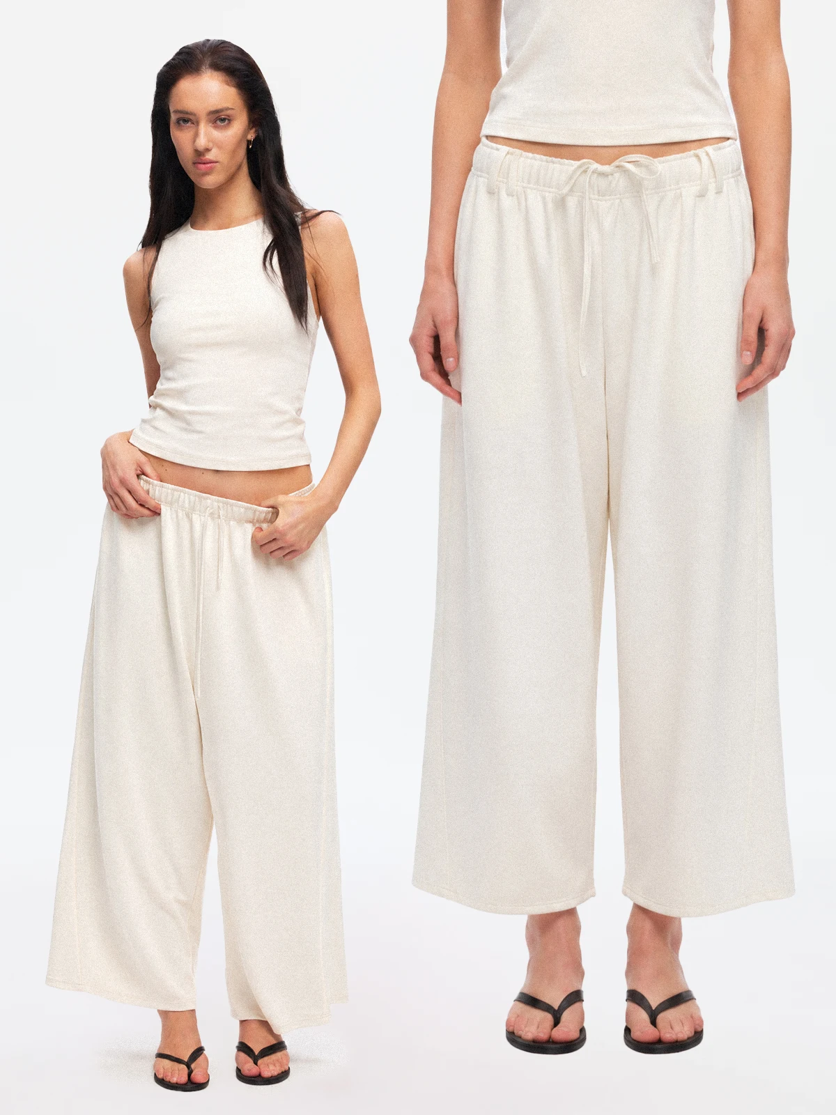 TDDP Lenzing Elastic Waist Loose Wide Leg Pants Women's Casual Trousers Nine Points Summer Slimming Loose Fit Citywalk