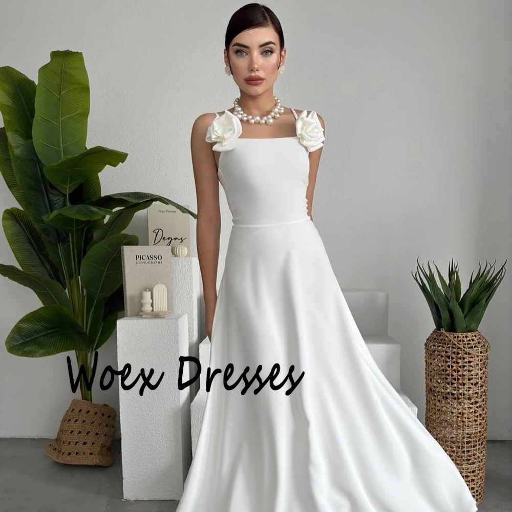 Dostosowana Spaghetti biała prosta suknia wieczorowa w kształcie litery A z kwiatem bez rękawów sukienka na imprezę seksowna suknia wieczorowa bez pleców do kostek