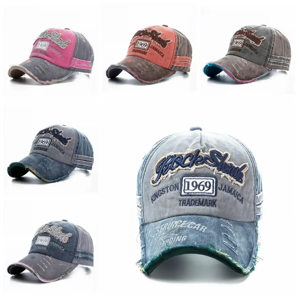 

Washed Denim Letters Baseball Cap 1969 Letter Patchwork Snapback Hat Embroidery Cotton Vintage Hip Hop Hats Unisex