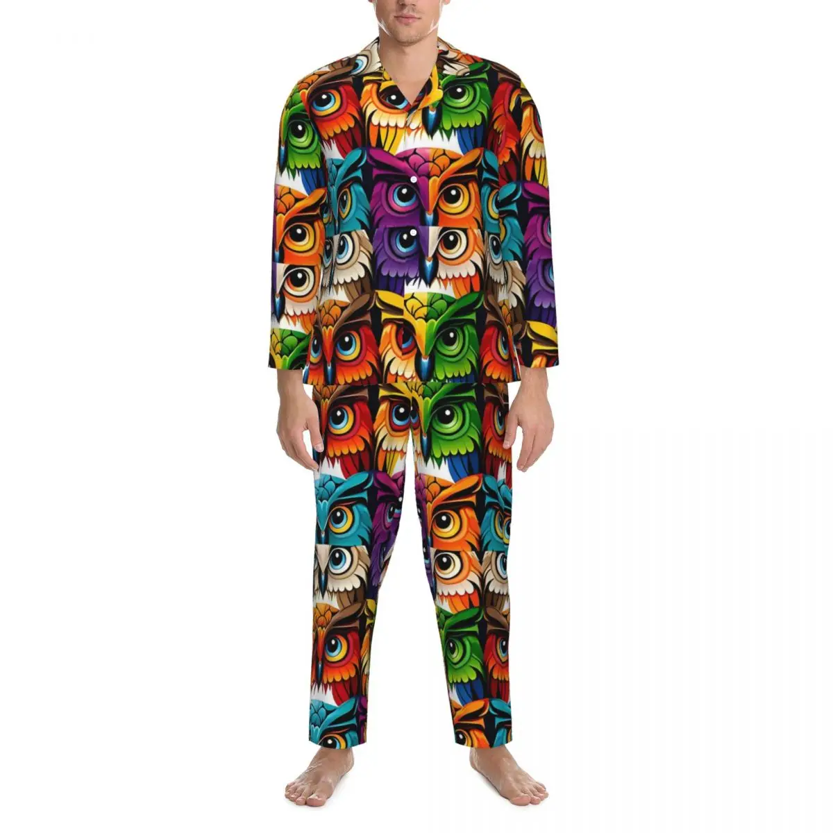 Colorful Bold Owl Sleepwear Autumn animal Vintage Oversized Pajama Sets Men Long Sleeves Kawaii Room Design Nightwear