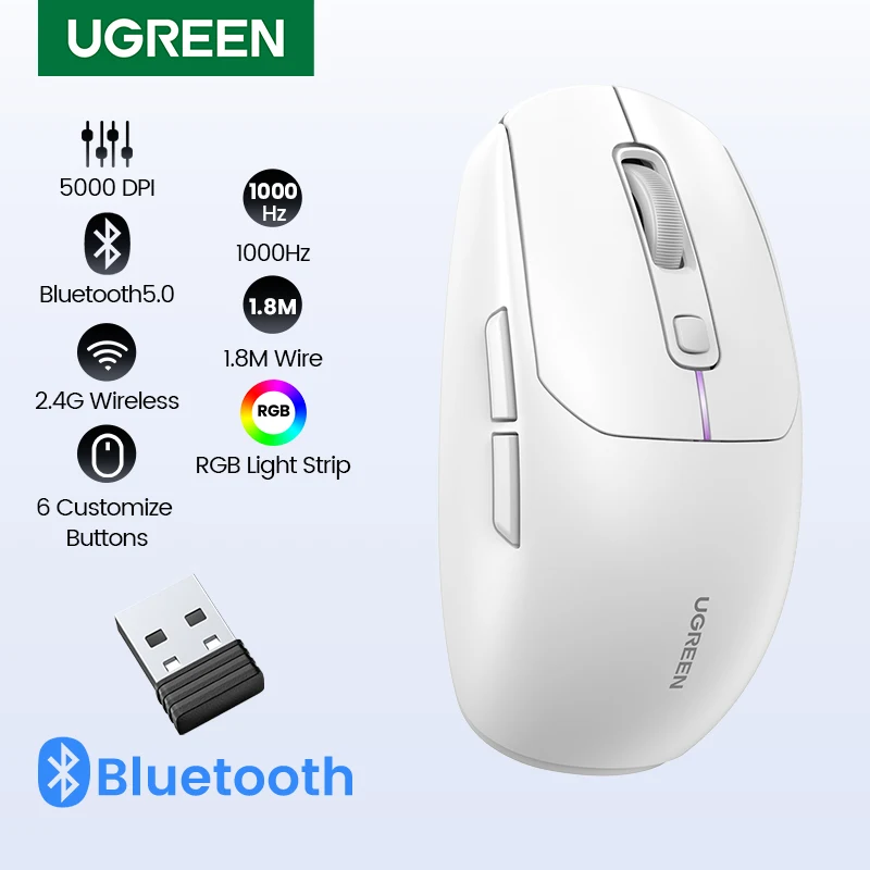 Mouse da gioco UGREEN 5000DPI Mouse Wireless Bluetooth 5.0 2.4G Mouse da gioco ricaricabile cablato 6 pulsanti per laptop Tablet MacBook