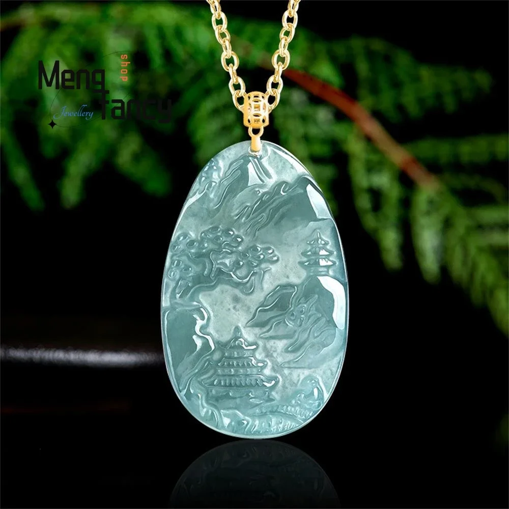 Natural A-goods Jadeite Blue Water Small Landscape Plaque Ice Jade Pendant 18K Gold Buckle High-grade Exquisite Fashion Jewelry