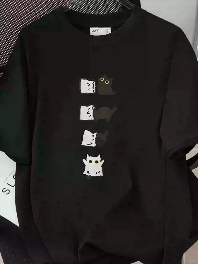 Cute Pet  And Mouse Game Creative Printed Heavyweight Pure Cotton Casual Commute T-Shirt Unisex Breathable Short Sleeve