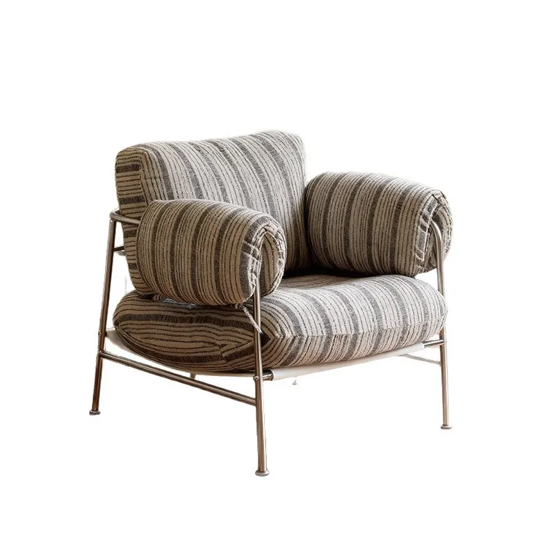

Medieval style living room striped fabric single sofa chair stainless steel armchair