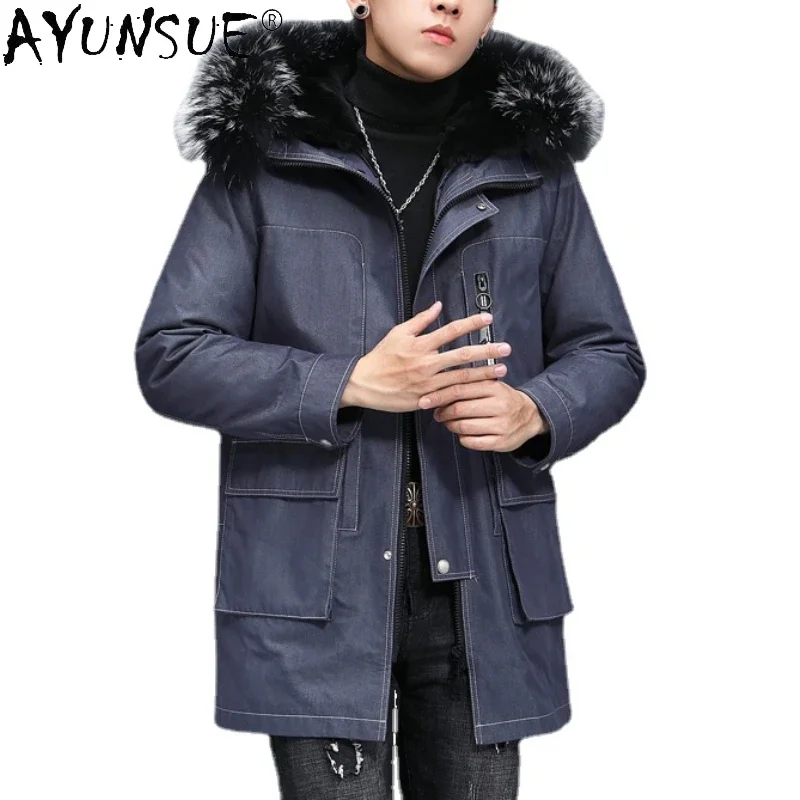 AYUNSUE Real Raccoon Fur Collar Winter Coat for Men Rabbit Fur Liner Fur Coat Men Parka Hooded Warm Trenchcoat Casaco De Pele