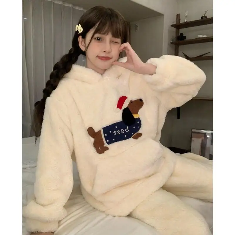 New Winter Women's Pajama Set Girl Nightwear Dachshund Cartoon Flannel Cute Coral Fleece Cozy Warm Loungewear Sleepwear