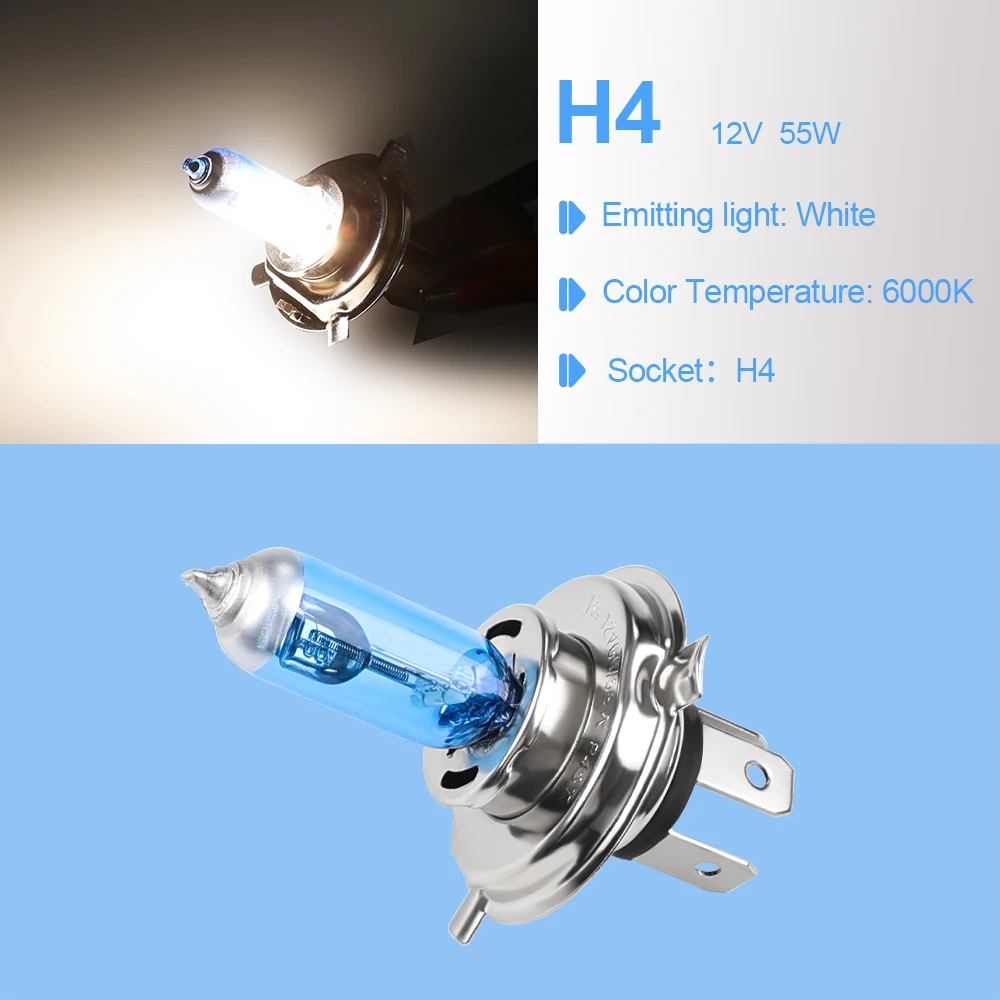 lâmpada h4 лампы h4 лампа h4 Bulbo branco super do halogênio do carro do xênon, lâmpada do farol, luz do feixe do alto e baixo, acessórios do carro, H4, 12V, P43T, 9003, 6000K, 60 W, 55W