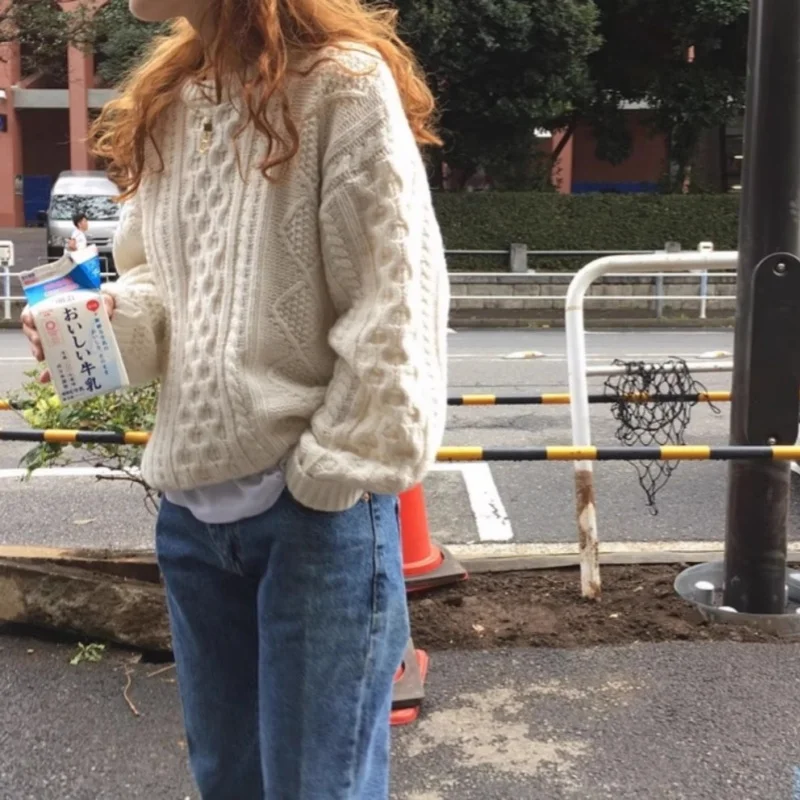 

Women's 100% wool beige long sleeved solid color loose style round neck twisted thick pullover soft knit top winter upgrade vers