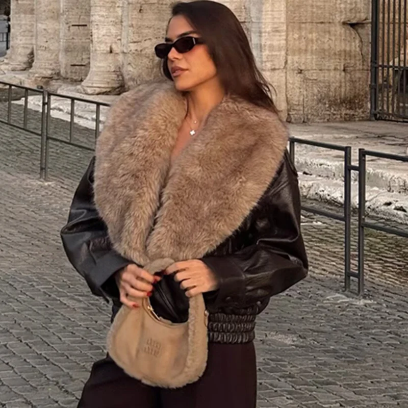 Women's Jacket 2025 New Fashion Autumn Winter Brown Detachable Faux Fur Collar Leather Jacket Casual Chic Ladies Coat