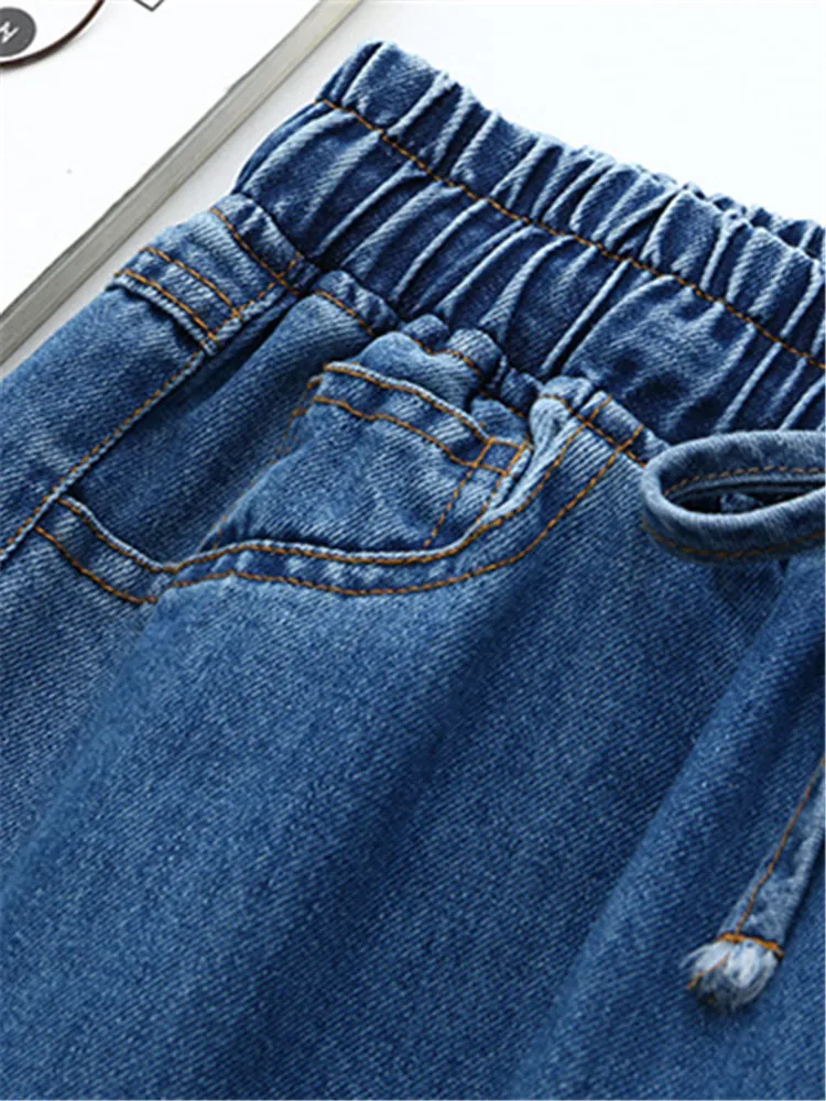 Jeans feminino elástico na cintura sem estiramento, calças de perna reta, tamanho grande, areia lavada, primavera e outono