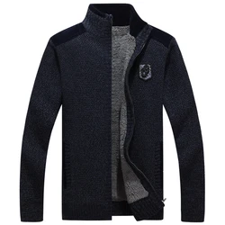 MEN SWEATERS WITH ZIPPERS THICK FLEECE WARM BLACK CASUAL WINTER MEN CARDIGAN WOOL COTTON KNITTED JACKETS SWEATERCOAT