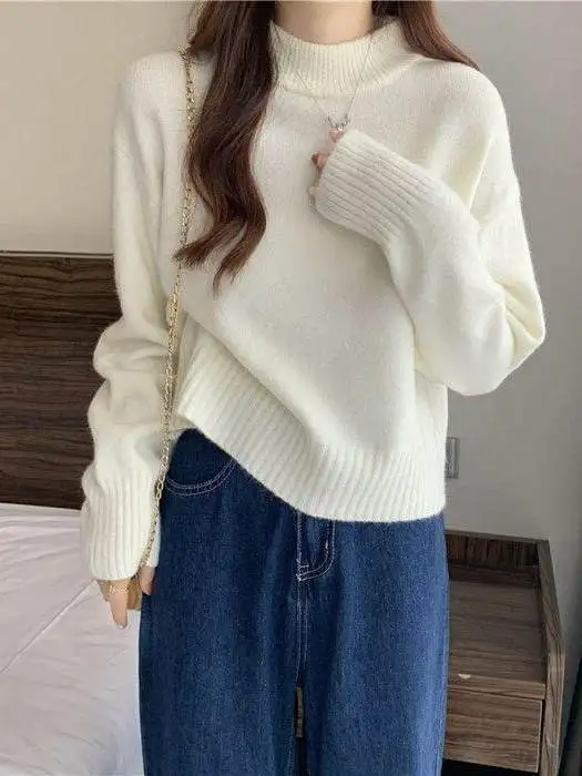 Spring New Style Simple Korean Version  Color Half High Collar Long Sleeve Knitted Sweater Women Elegant Versatile Short...
