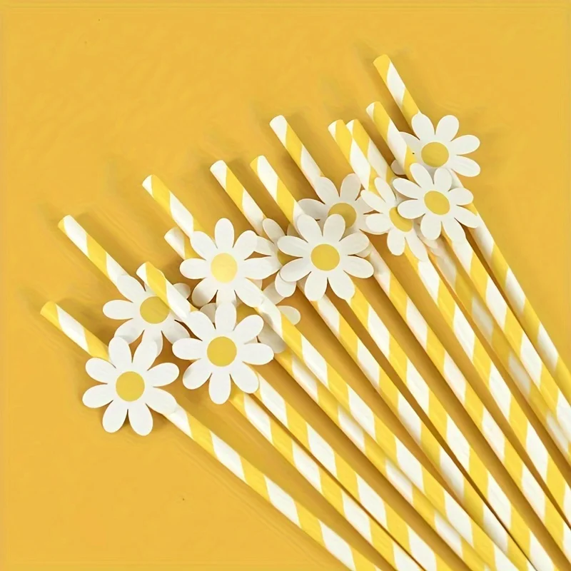 10pcs Affordable Daisy Flower Series Paper Straws Disposable Paper Straws Holiday Birthday Party Decoration Supplies