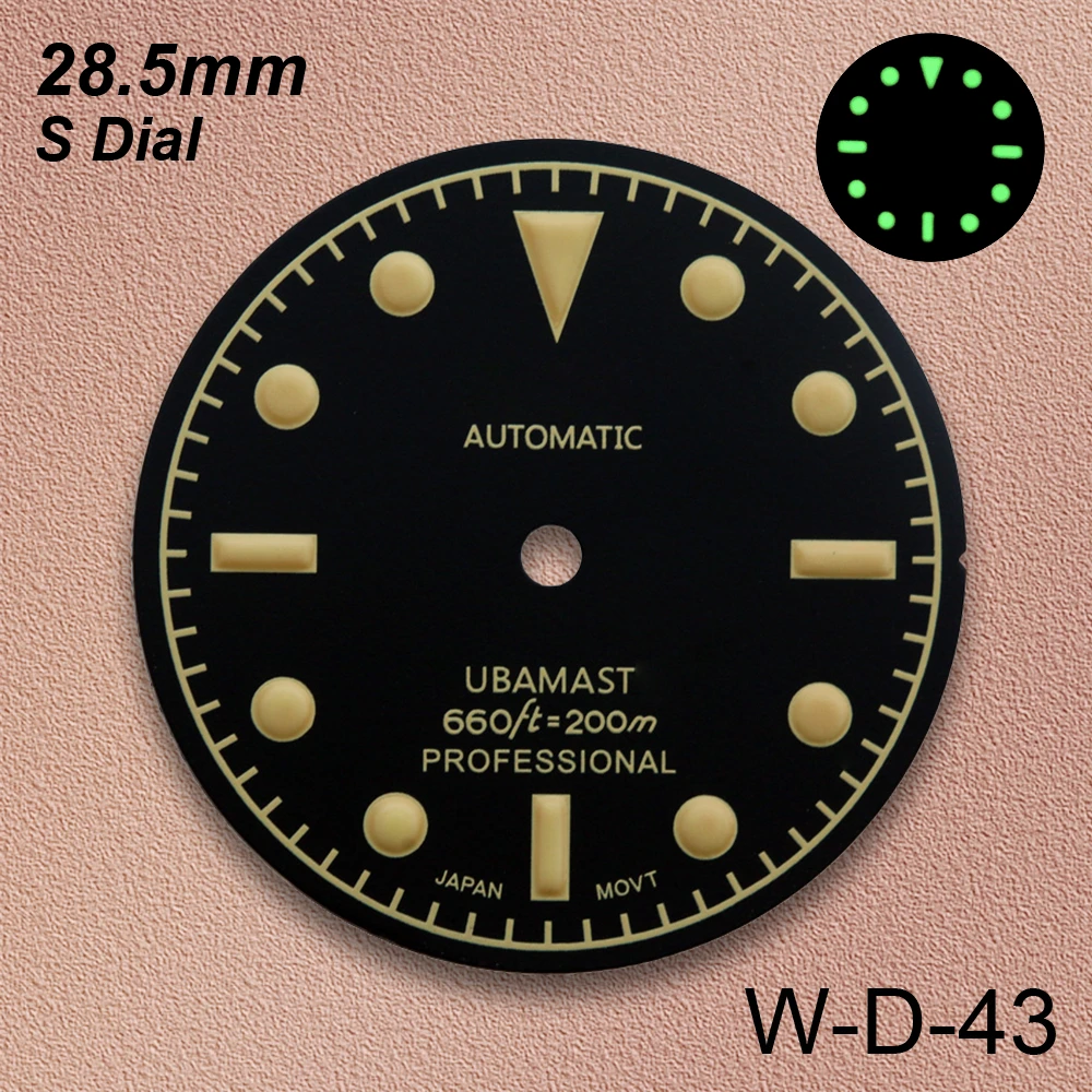 28.5mm Retro SUB Dial S Logo NH35 Dial Fit NH35/NH364R/7S MovementGreen Luminous Black Watches Accessories Fit 3/3.8/4.2 O'clock