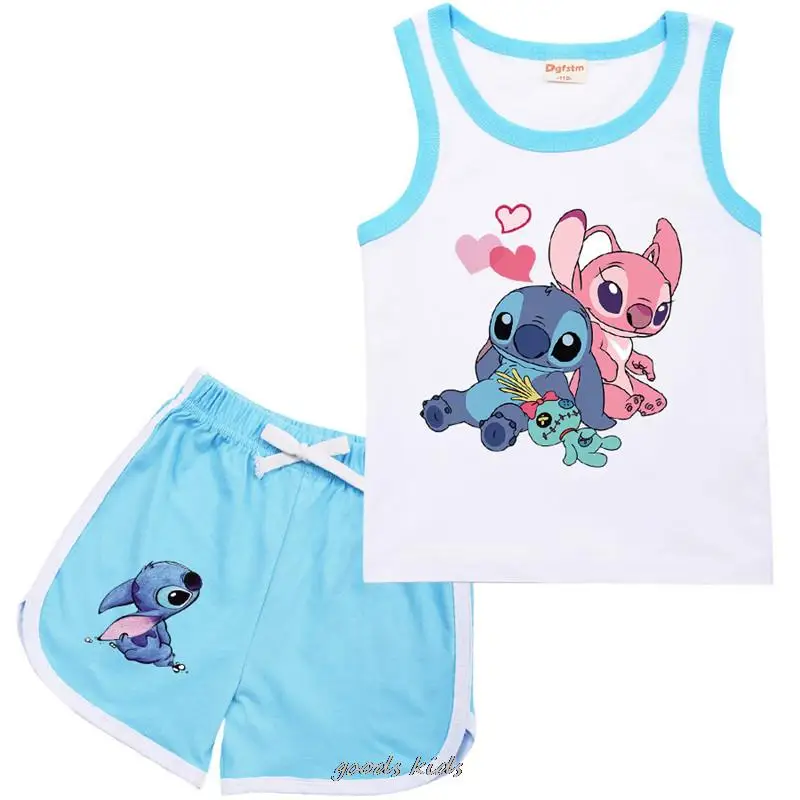 Children Lilo And Stitch Tracksuit Summer Kids Clothes Boy Sleeveless Tops + Shorts Suit Fashion Girls Vest 1-15 Year Old