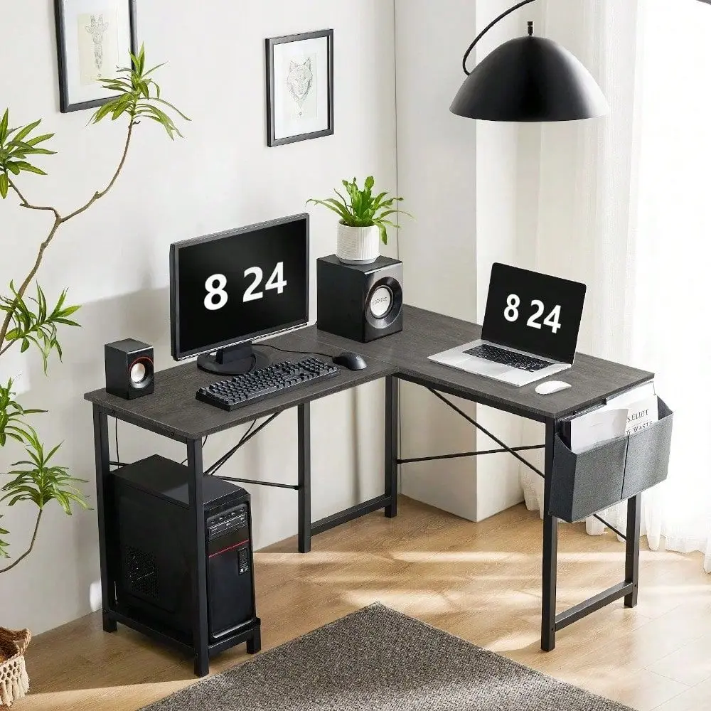 

Shaped Computer Desk With Wooden Desktop CPU Stand Side Bag Reversible