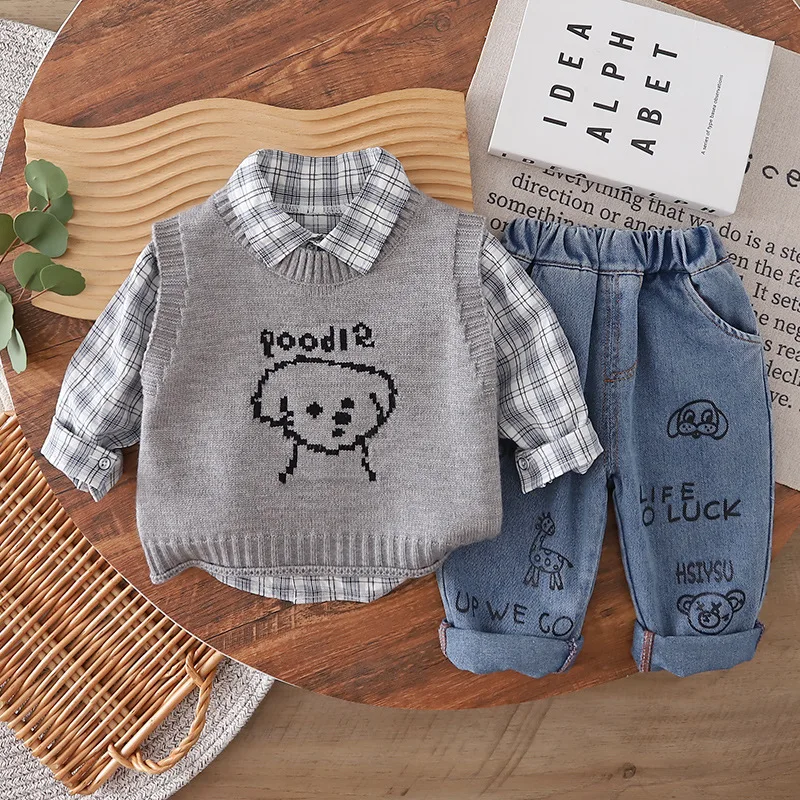 3点セット-幼児-男の子-0-5歳-春秋服セット-ベビー服-漫画犬柄ニットベスト-チェックシャツ-ジーンズ-キッズカジュアル服