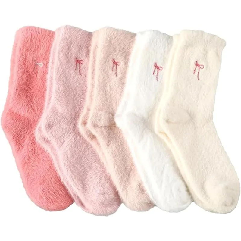 5 Pairs Solid Color Warm Middle Tube Autumn Winter Home Socks Women's Thickened Mink Socks Pink Heart Embroidery Plush