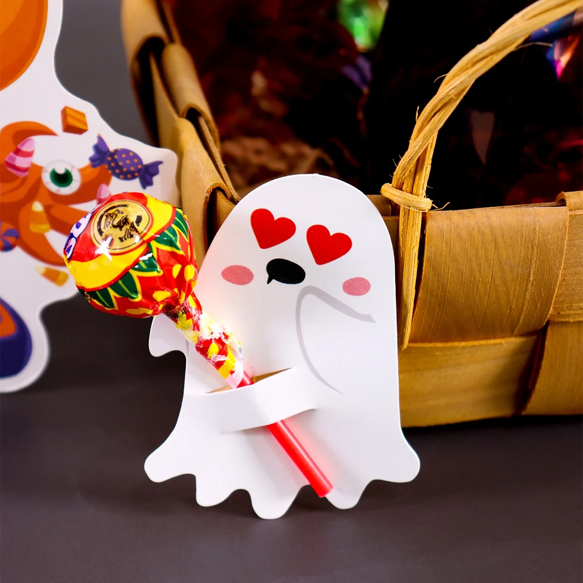 48 Stück Geister-Lutscherhalter, Happy Halloween Lutscher-Dekoration, Papierkarte, Trick or Treat Süßigkeiten-Set, Kinder-Halloween-Party – Detail 1