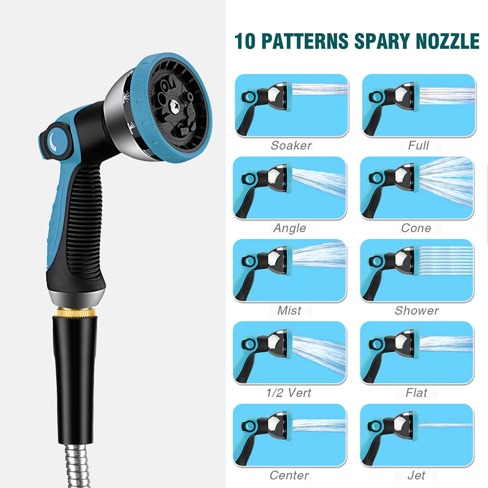 100 FT Stainless Steel Garden Hose 10 Functions Spray Nozzle No-Leak Outdoor Water Pipe for Garden Farm Car Pet Wash Tool