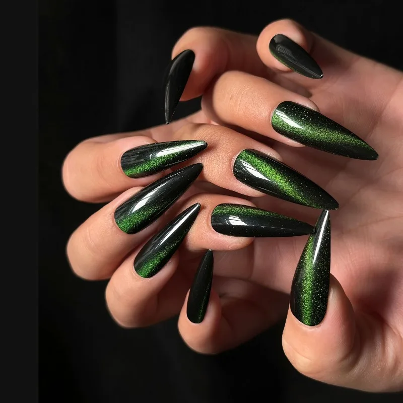 24 قطعة خنجر الأظافر كاذبة الأخضر الداكن تشيس المشارب بريق اضغط على الأظافر يمكن ارتداؤها حار كول نمط الأظافر وهمية منفعل مانيكير