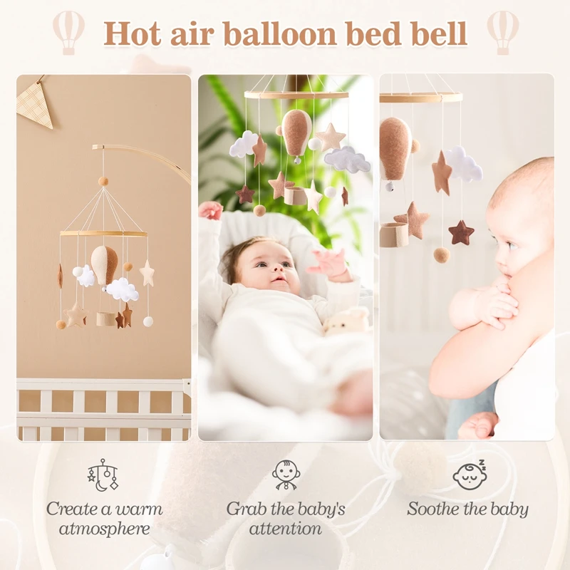 Sonajeros de madera de juguete para cuna de bebé, campana para cama móvil, globo caliente de fieltro suave, campana para cama musical para recién nacido, juguetes colgantes, soporte para cuna, regalos para bebé