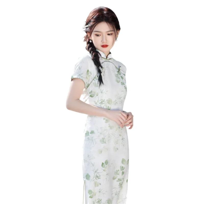 

Chinese Style Retro Improved Cheongsam Green Print Imitation Tencel Daily Costume Stand Collar Side Slit Slim Fit Women's Dress