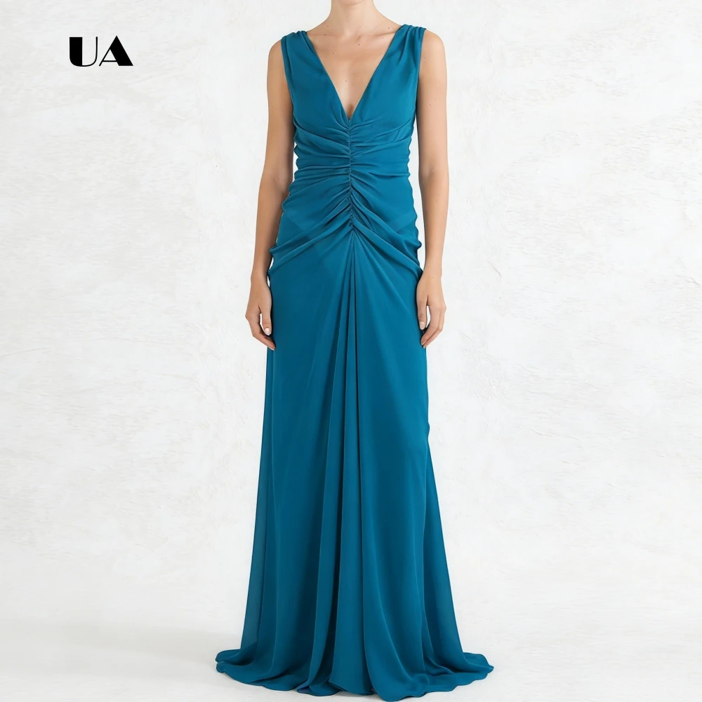 

ULBYANRY Shirring Chiffon Straight Prom Dress, Solid Deep V-neck Draped Evening Dress, Simple Sleeveless Customized Party Gown