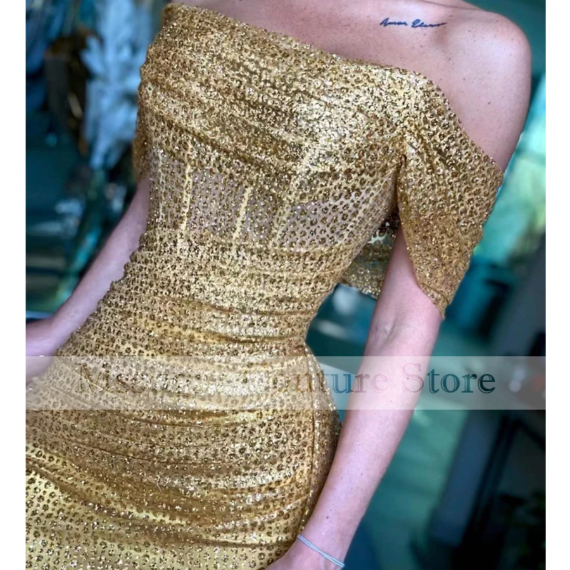 2022 Luxury Gold Sequin Mermaid Prom Dresses Off Shoulder Evening Gowns Custom Made Formal Party Gowns