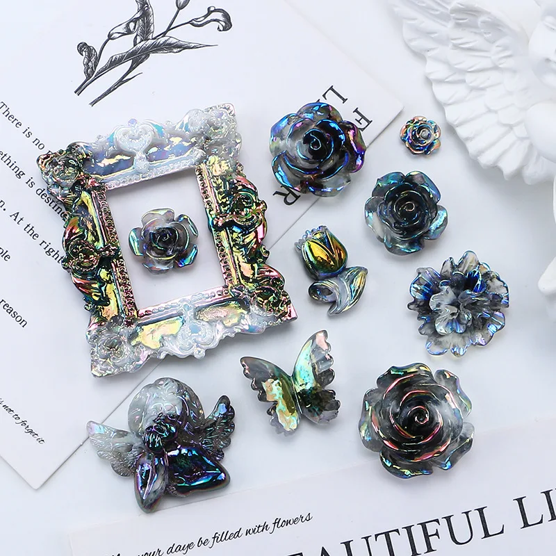

10Pcs New Vintage Black Rose Resin Crafts Retro Black Angel Frame Flatback Cabochon Ornament Jewelry Making Hairwear Accessories