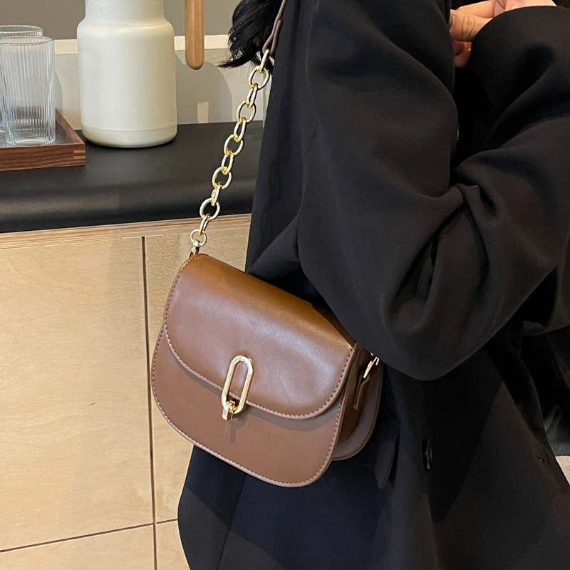 Vintage Shoulder Crossbody Bags for Women 2023 Winter PU Leather Small Women\'s Saddle bag Fashion Handbag Chain Black Brown