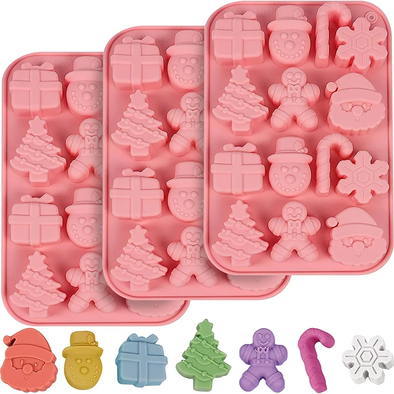 Christmas Molds 3pcs Silicone Chocolate Molds Christmas Tree Santa Claus Gingerbread Cane Candy Mold Ice Cube,Soap, Cake Topper