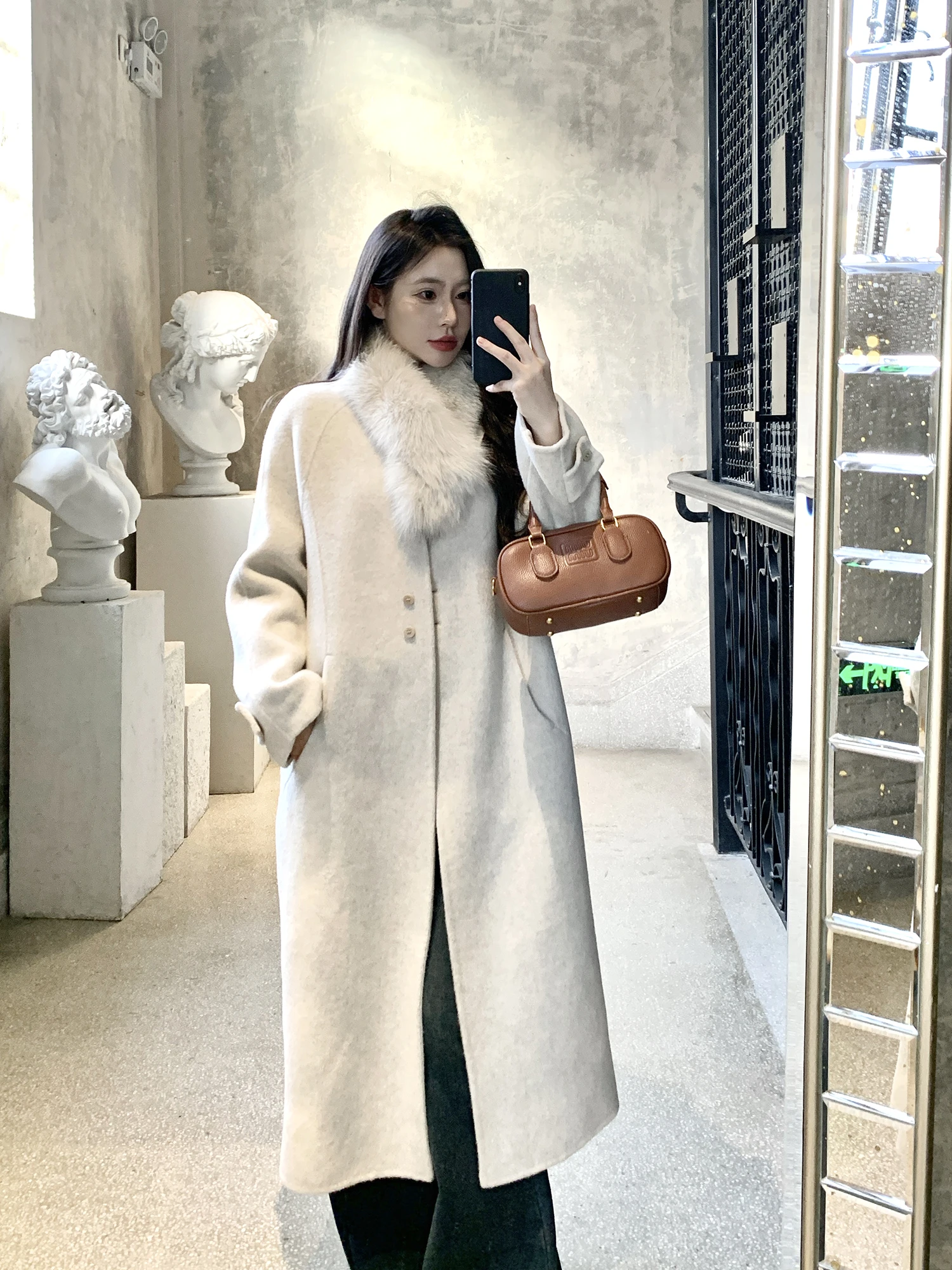 

Шерстяное пальто с меховым воротником для женщин, зимнее, свободного кроя, универсальное, для повседневной носки, чистый стиль, для электронной коммерции