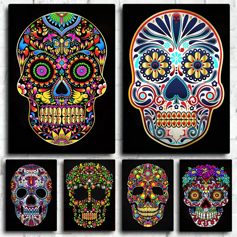 Colorful Mexico Sugar Skull Green Floral Poster Print Canvas Painting Abstract Skull Wall Art For Living Room Home Decoration