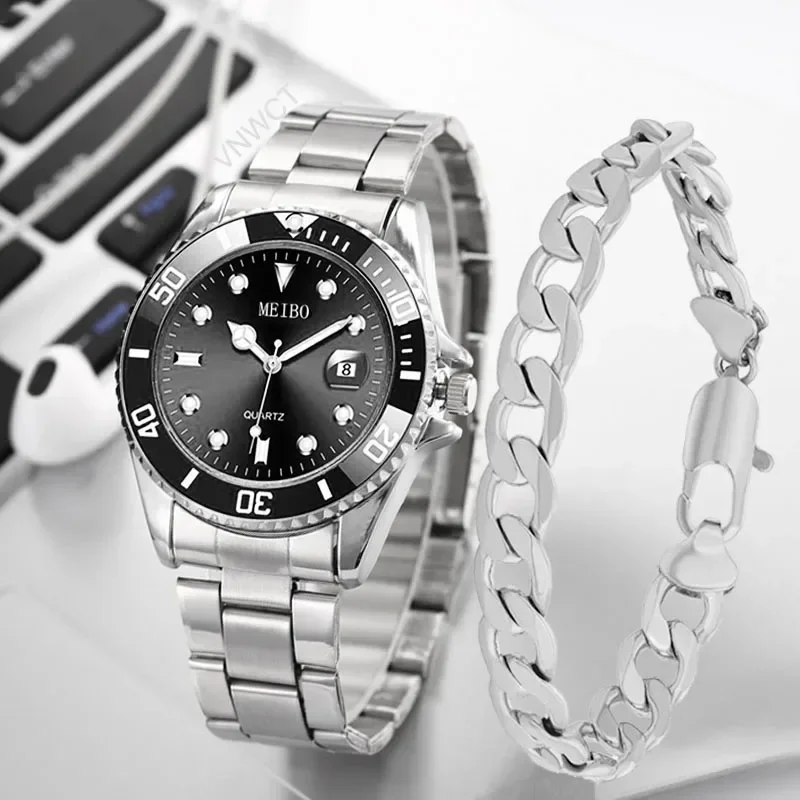 ファッションメンズウォッチブレスレットスチール腕時計メンズクォーツカレンダーウォッチヘイハスタイルチェーンブレスレットセット男性用