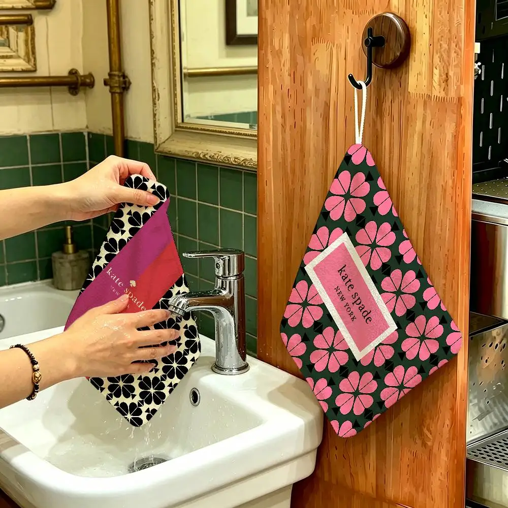 K-Kate Classic S-Spade Flower Polyester Cotton Hanging Hand Towel, Super Absorbent Hand Wiping Towel for Daily Household Use
