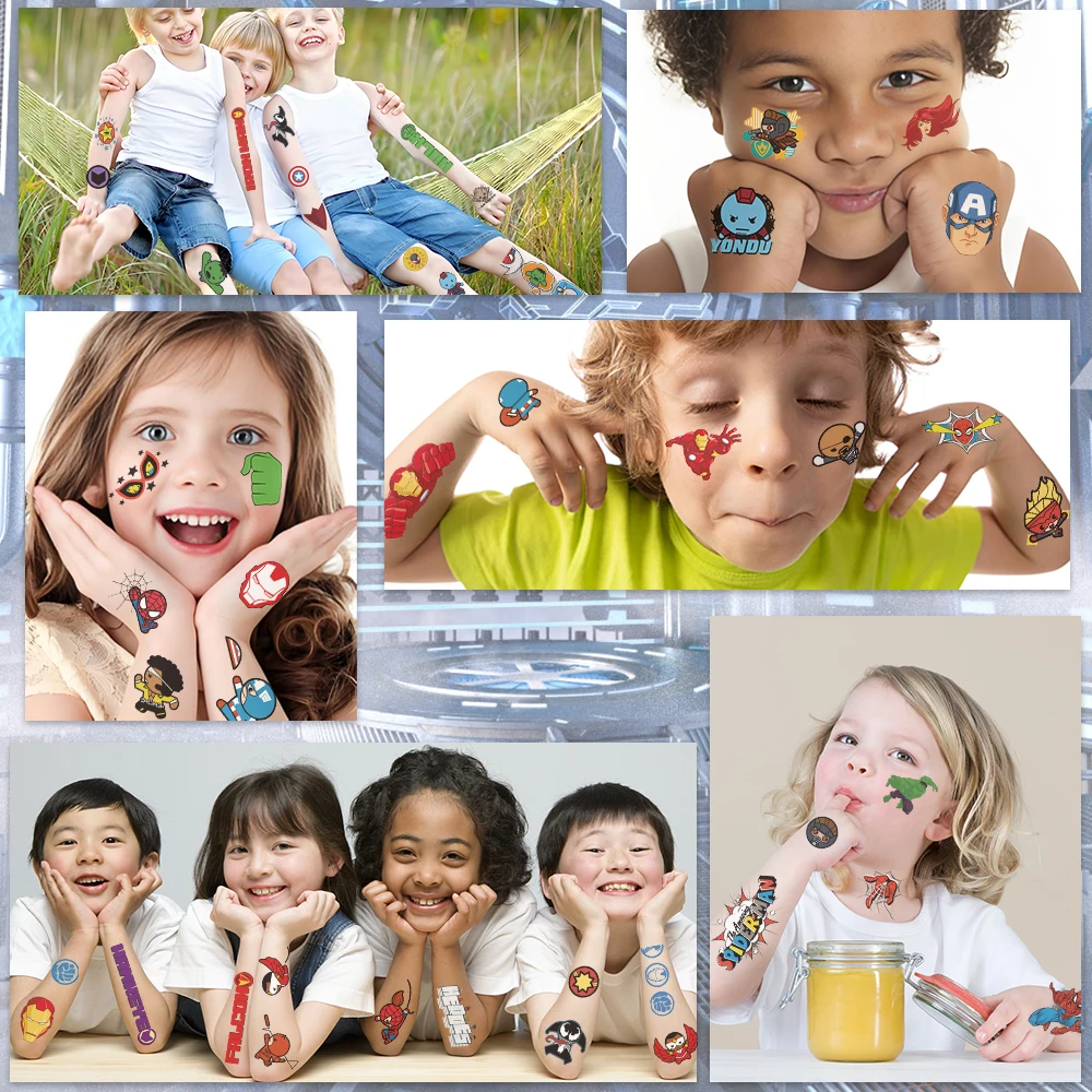 10 قطع من ملصقات الوشم المؤقت الأعجوبة أنيمي الرجل العنكبوت الرجل الحديدي الكرتونية ملصق وشم للأطفال هدايا حفلات أعياد الميلاد فن الجسم