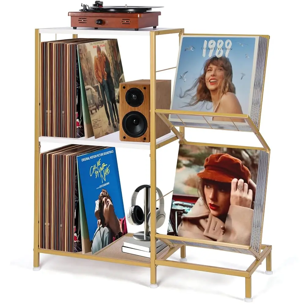 

Record Player Stand With Vinyl Record Storage, Turntable Stand With 2-Tier Vinyl Display Shelf & Metal Frame, Vinyl Holder For