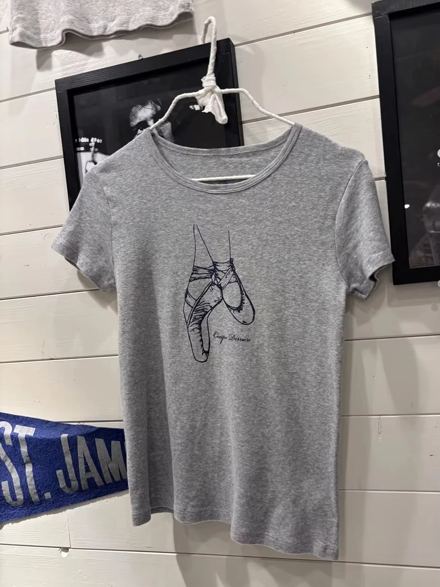 Cute Ballet Shoes Print Slim T-shirt Woman Spring Chic Round Neck Short Sleeve Tee Shirt Sweet Preppy Style Cotton Tshirts Y2k