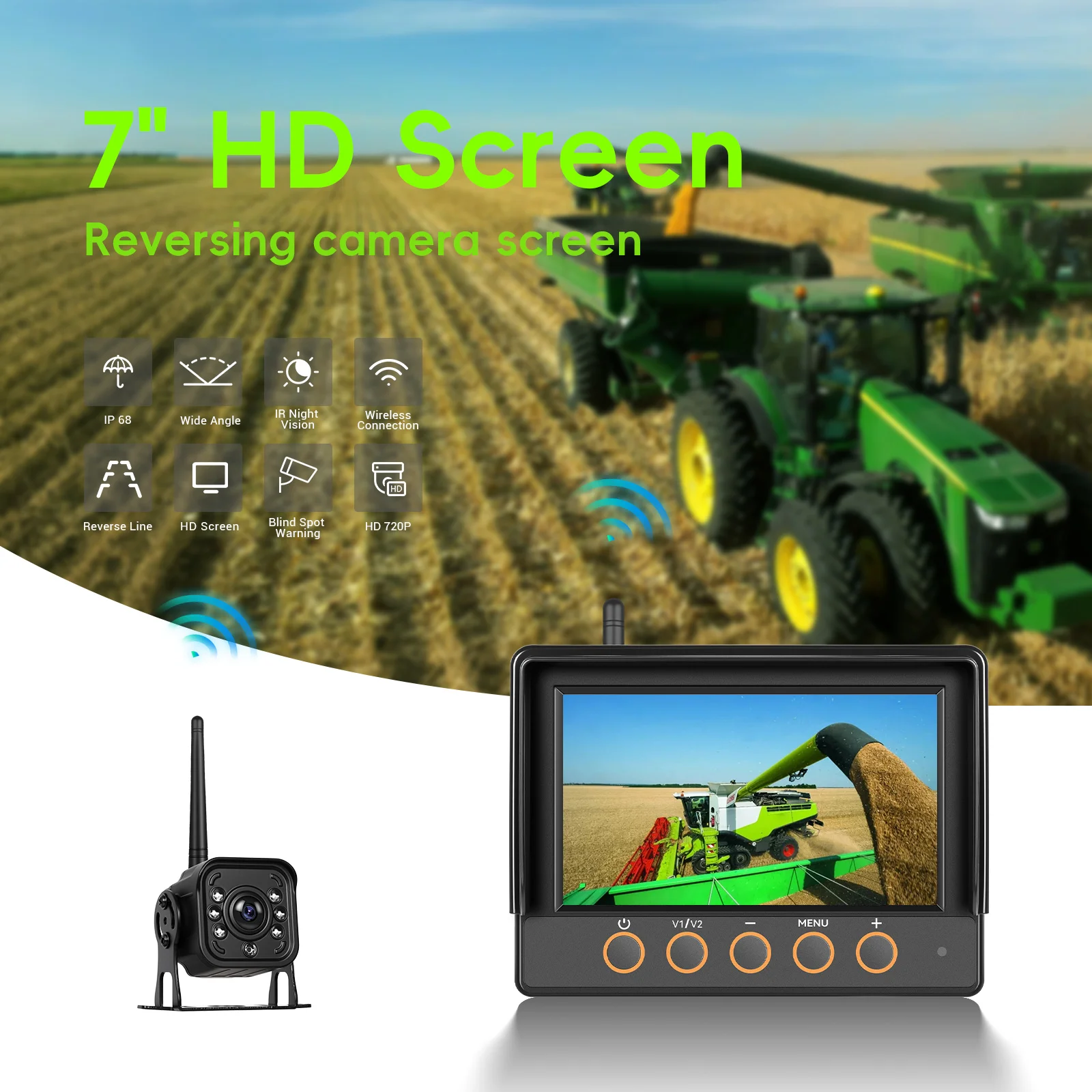 Podofo Kabelloser Auto-Monitor mit 720P Rückfahrkamera, Auto-Backup, IP68 Wasserdicht, BSD Manueller Fokus, Punkt-Warnung für Auto und LKW – Detail 9