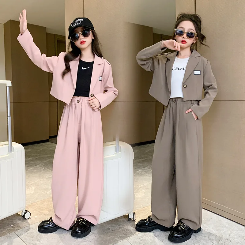 Teenage Girls Blazer Suits Set 2 Elegant Pieces High Waist Jacket +Wide Leg Pants Spring Autumn Casual Formal Children Costume