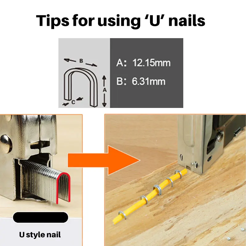 Imagem -03 - Grampeador Pistola de Pregos Pistola de Grampo Nailer Estofamento Fix Ferramenta de Móveis Quadro de Madeira Grampeador Ferramenta Manual de Aço Inoxidável 600 Peças Nai em