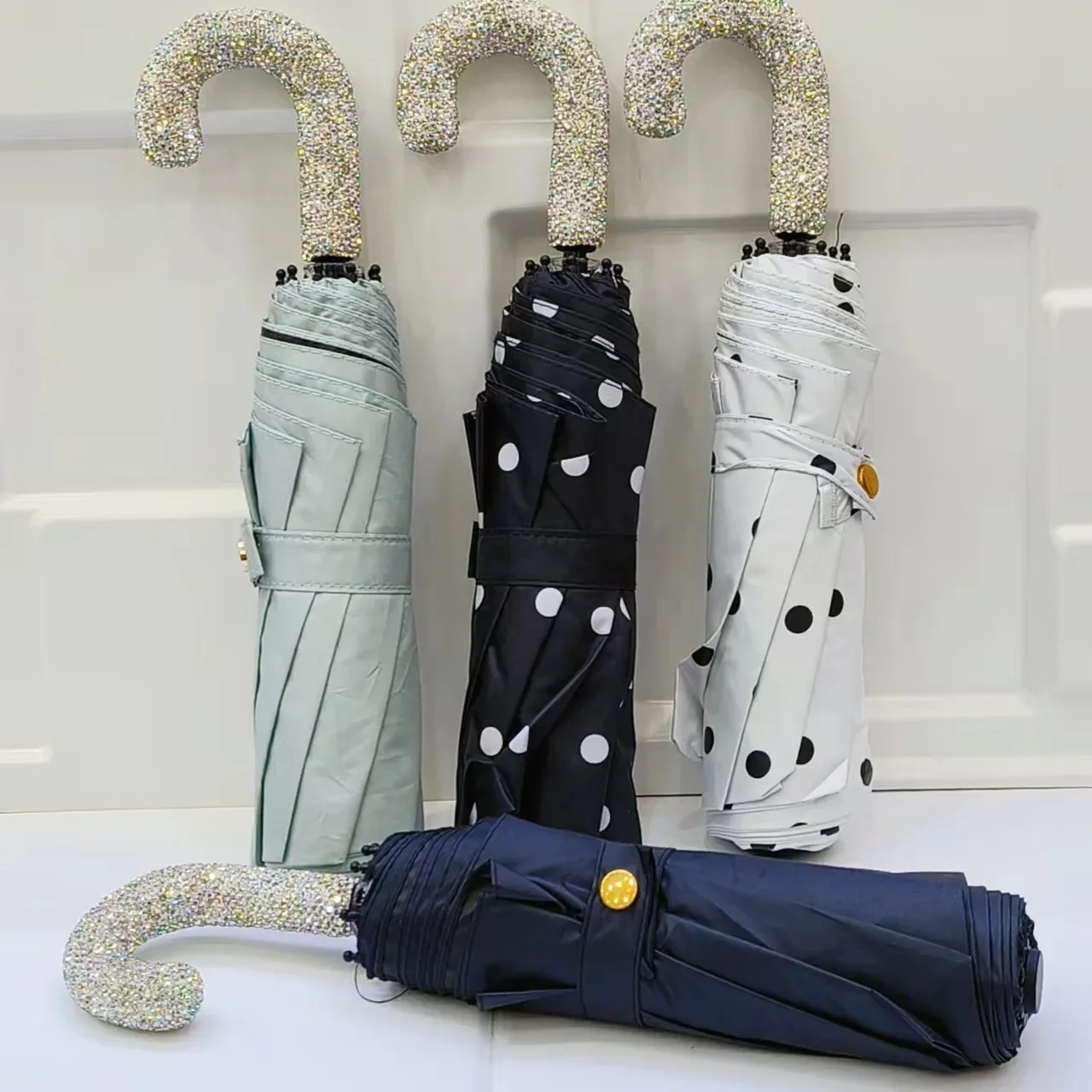 Portable Umbrella Automatic Folding Hook Handle Sunshade Luxury Rhinestone UV Protection Rainproof Travel Umbrella Rain Gear
