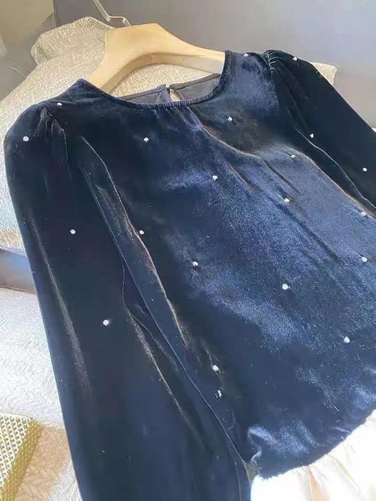 Camicetta patchwork in velluto nero donna Y2K coreano chic splicing crop top autunno manica lunga camicia femminile impreziosita da diamanti novità