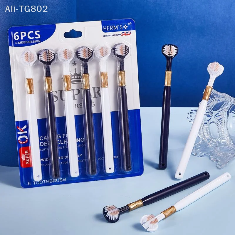 Neosfg 6Pcs Family Soft Bristled Three Sided Toothbrush - Efficient Cleaning Three Headed Manual Toothbrush