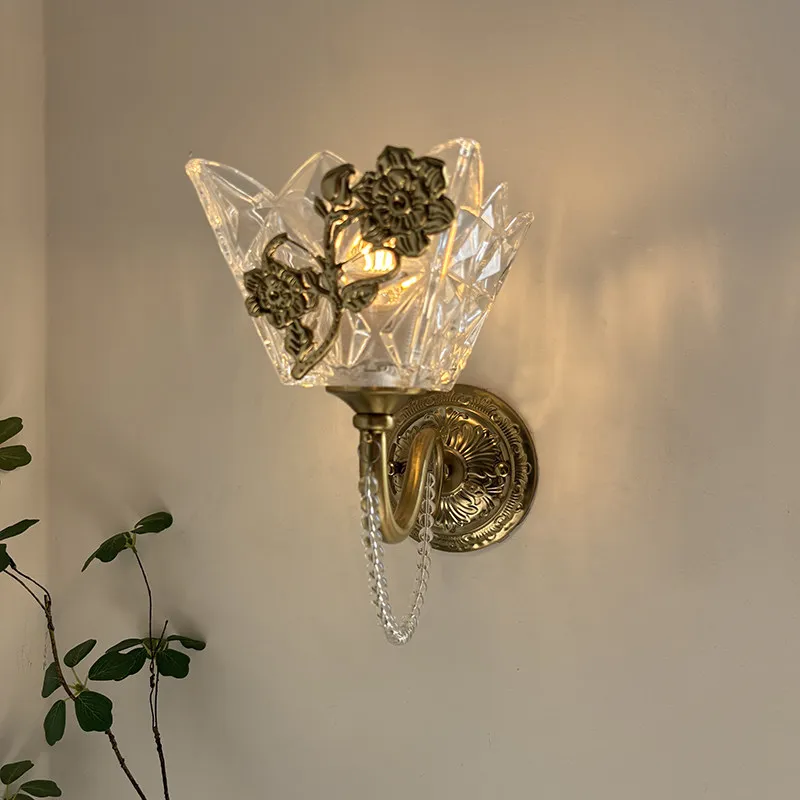 

French Medieval Luxury Glass Copper Flower Wall Lamps LED E27 American Wall Mounted Living Room Bedside Aisle Staircase Sconces