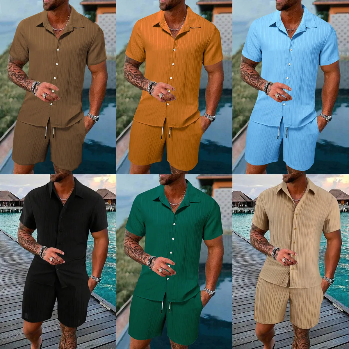 

Europe and America Cross Border Clothes for Men Shirts Sweatpants Tracksuit Leisure Time Easy Short Sleeve Shorts Sandy Beach