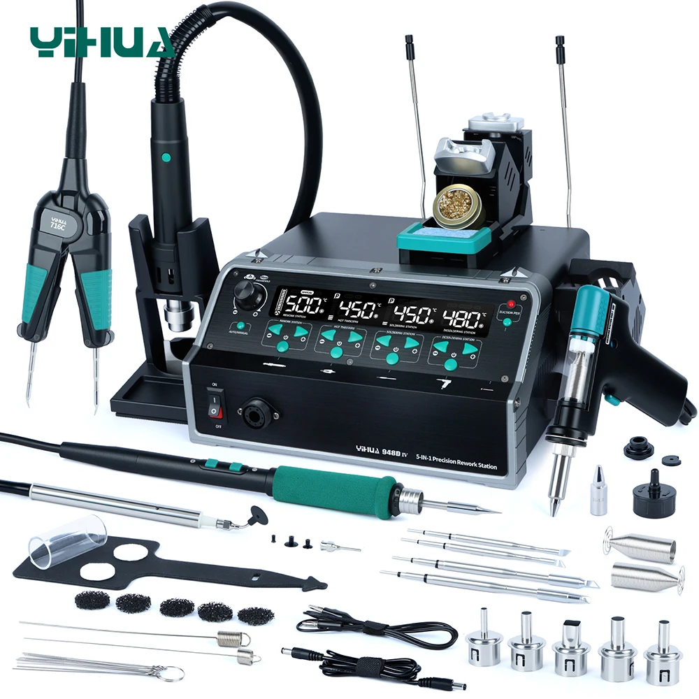 YIHUA 948D-IV Soldering Station 1410W 5 In 1 Hot Air Rework Tweezer Solder C245 Iron Vacuum Suction Tin Gun IC Pen Welding Tools