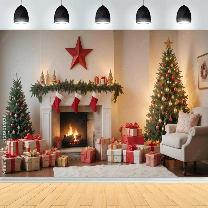 Christmas Day Pine Tree Bell Wreath Photography Backdrops Indoor Arch Fireplace Winter New Year Family Portrait Background VF-10