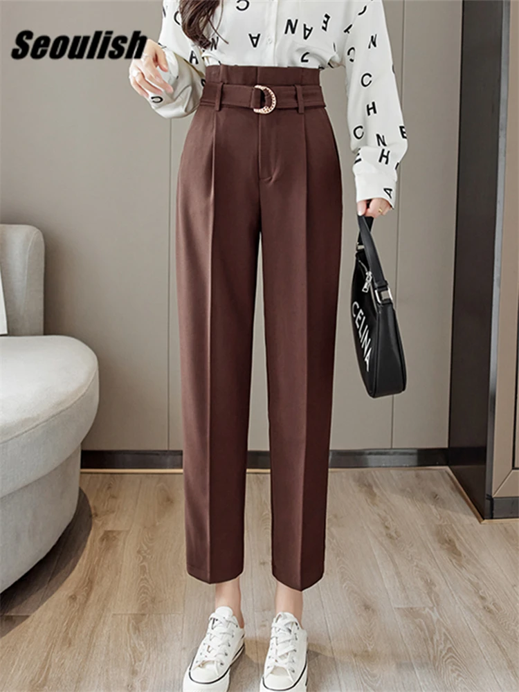 

Seoulish Formal Women's Harem Pants with Belted 2022 New Spring Elegant Office Straight Bud Ankle Length Chic Pants Pockets